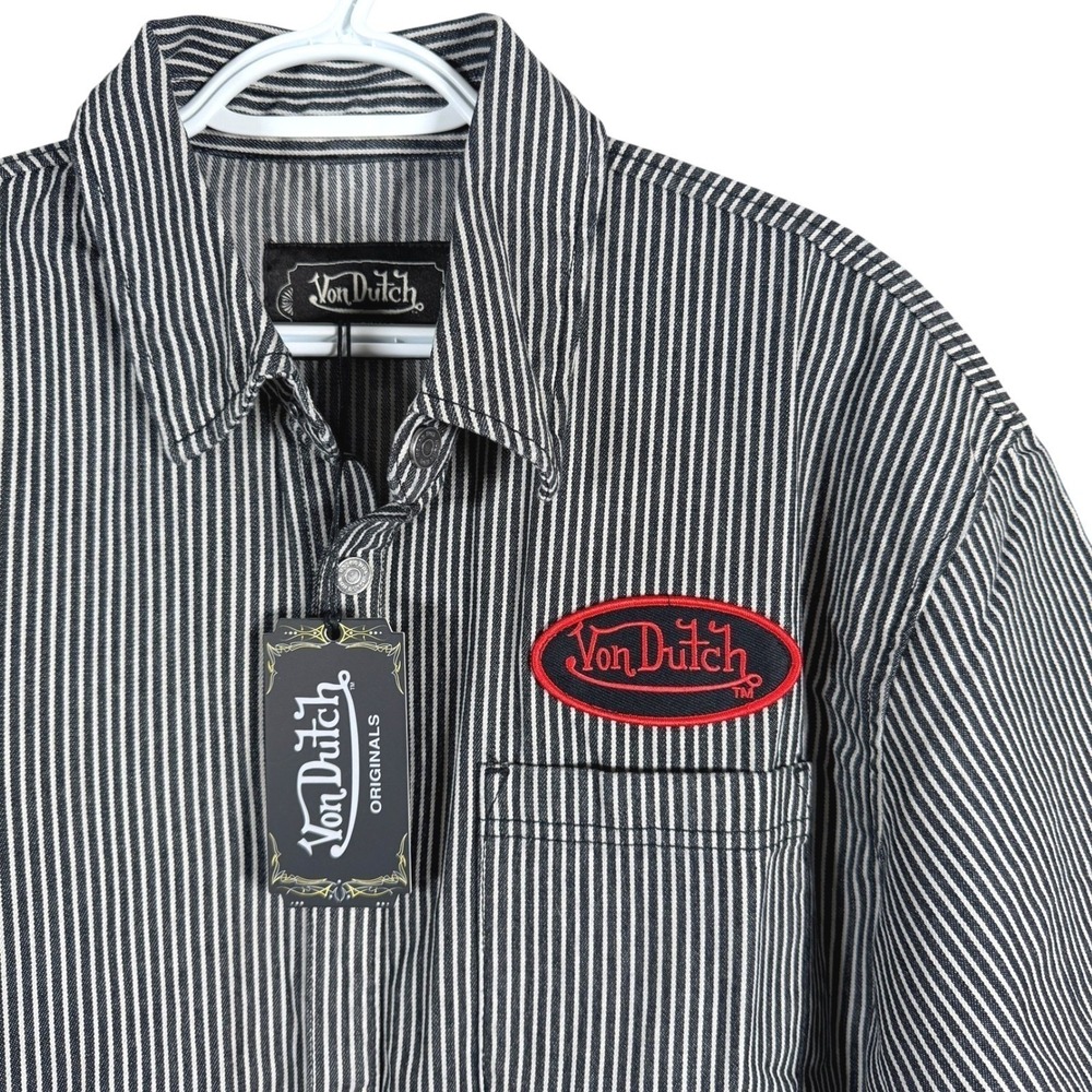 Von Dutch Railroad Stripe Denim Work Shirt Mens L Gray Patch Short Sleeve Snaps